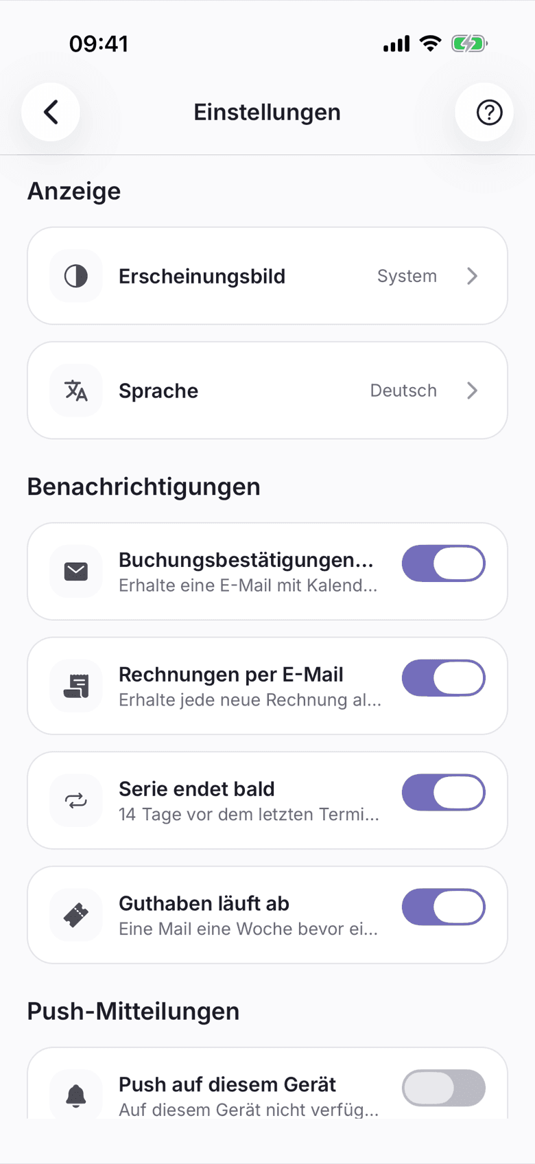 Einstellungen mit den beiden Mail-Schaltern