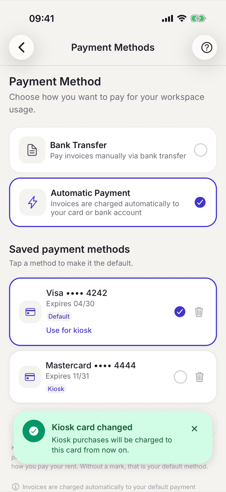 List of payment methods with the kiosk badge on one card