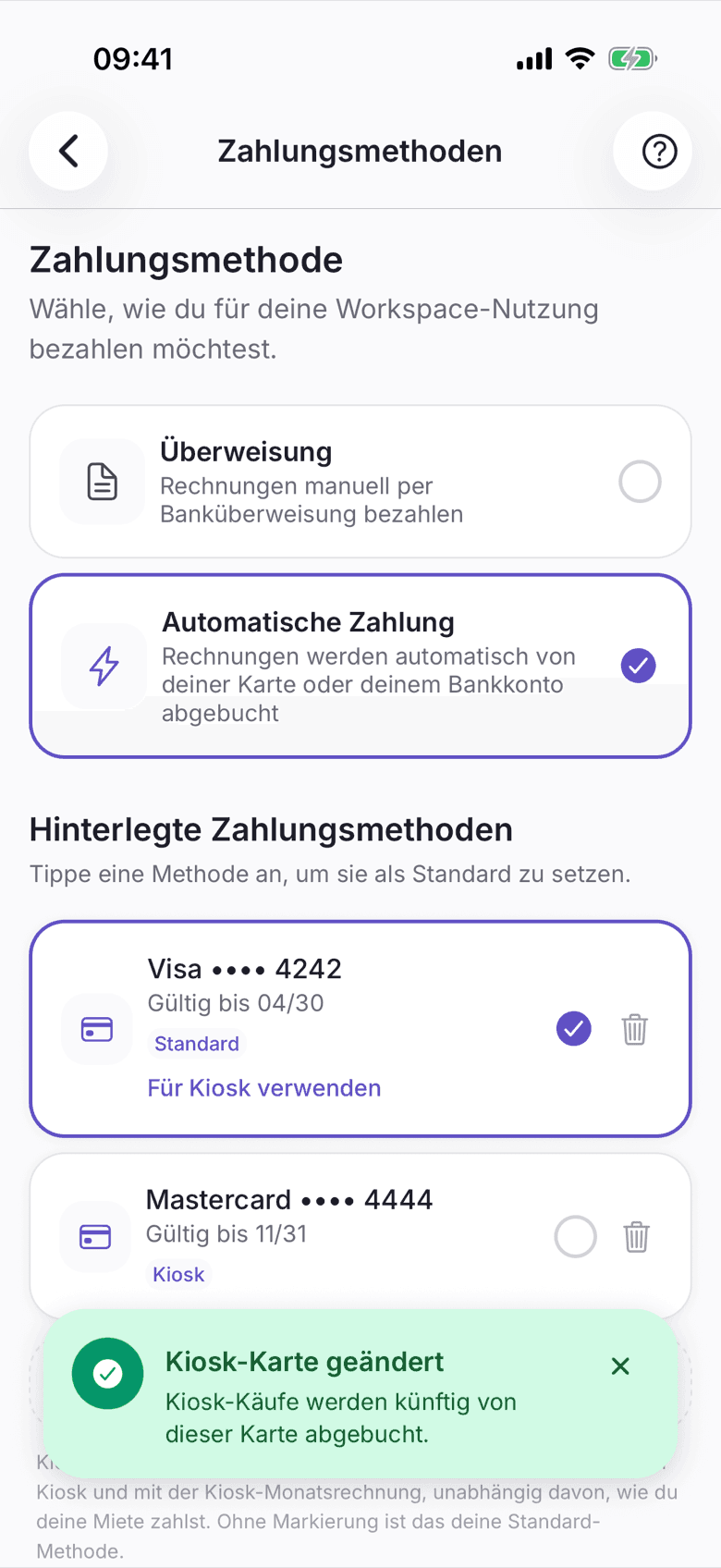 Liste der Zahlungsmethoden mit dem Kiosk-Abzeichen an einer Karte