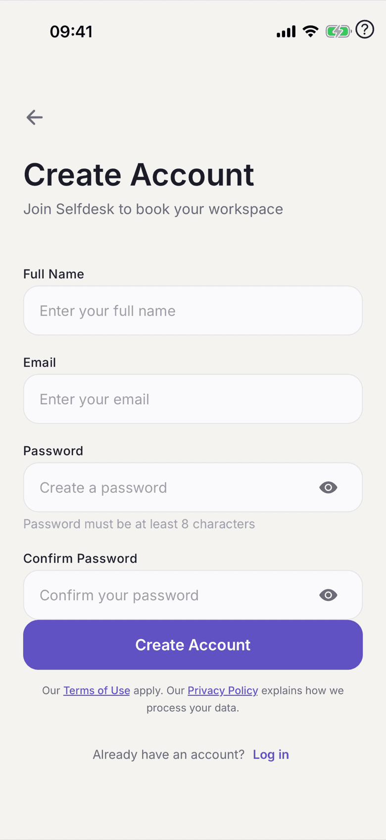 Registration form with name, email and password