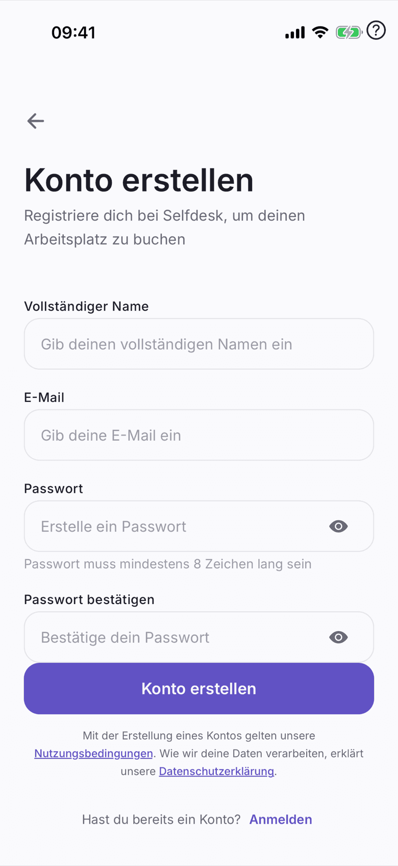Registrierungsformular mit Name, E-Mail und Passwort