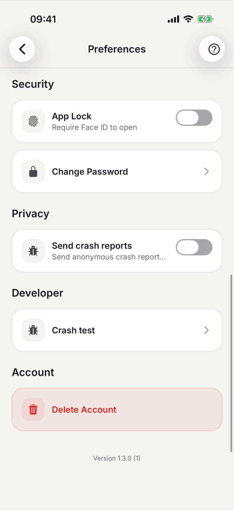 Settings with the Delete account entry