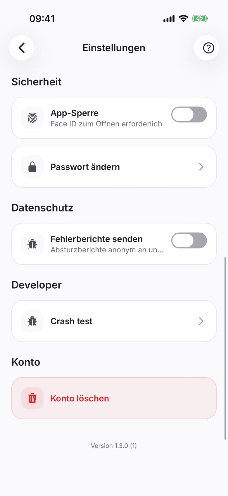 Einstellungen mit dem Eintrag Konto löschen