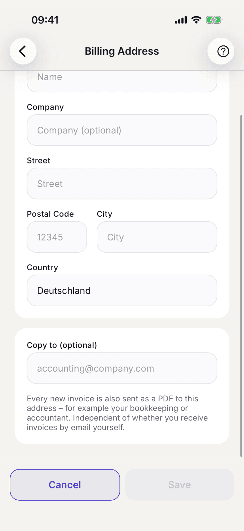 Billing address with the Copy to field