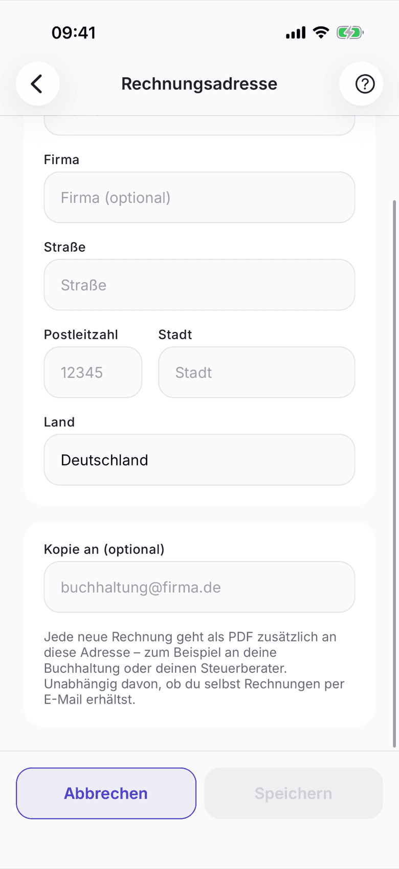 Rechnungsadresse mit dem Feld Kopie an