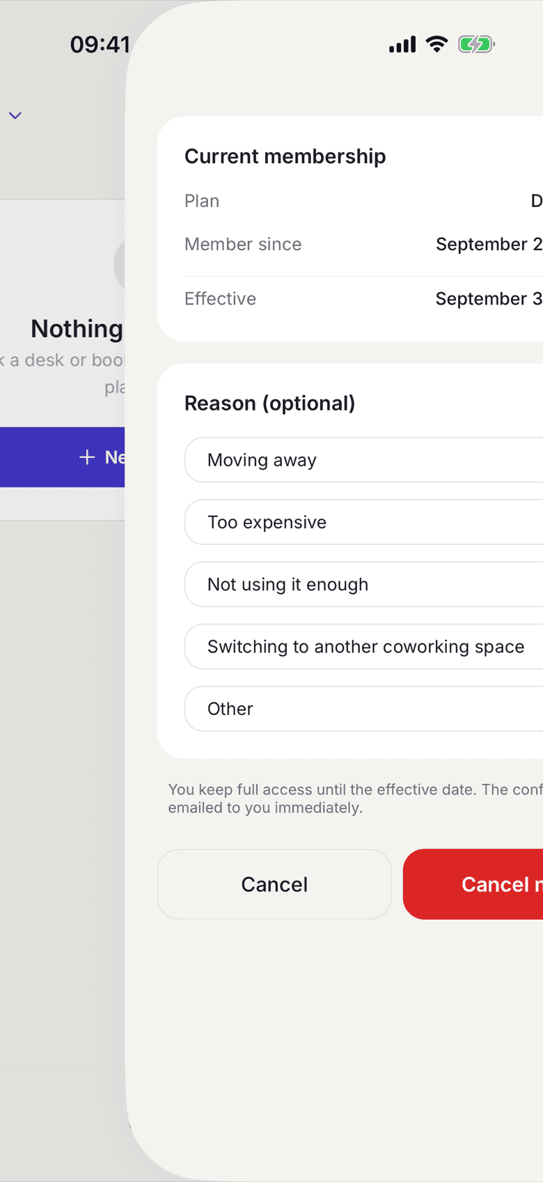 Cancellation screen with plan and effective date