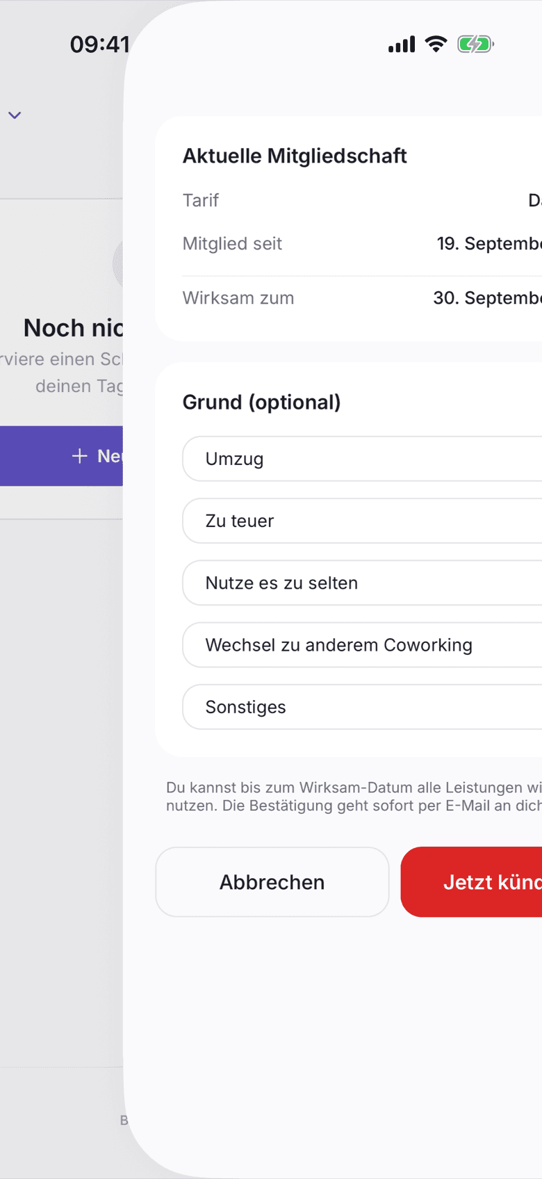 Kündigungsbildschirm mit Tarif und Wirksam-Datum