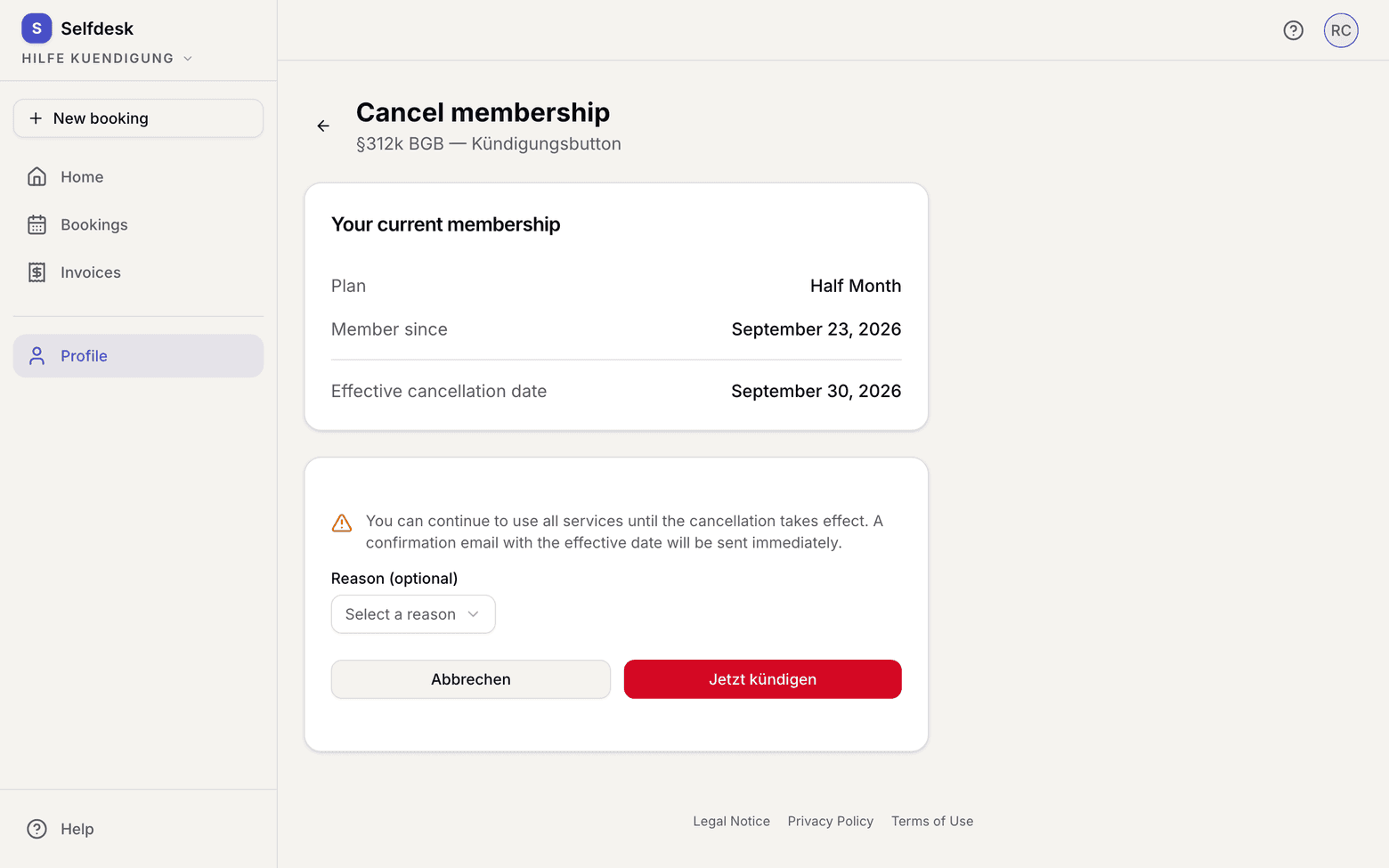 Cancellation page in the browser with the effective date