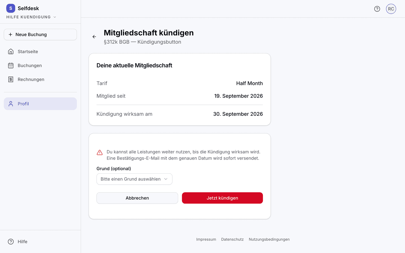 Kündigungsseite im Browser mit dem Wirksam-Datum