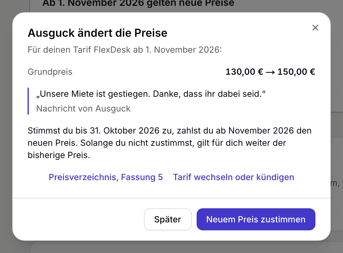 Anfrage des Space mit dem bisherigen und dem neuen Preis und dem Knopf Neuem Preis zustimmen