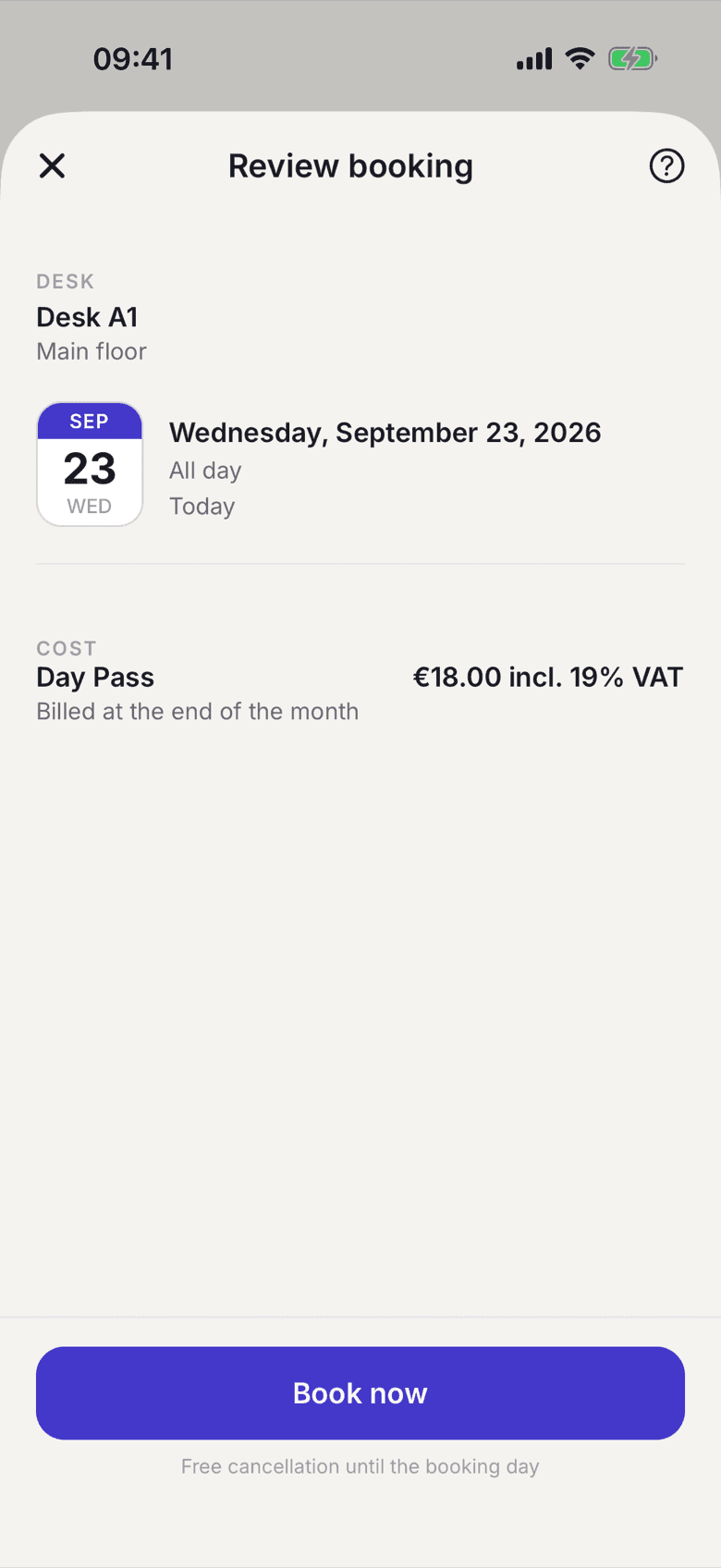 Booking confirmation after scanning a desk code