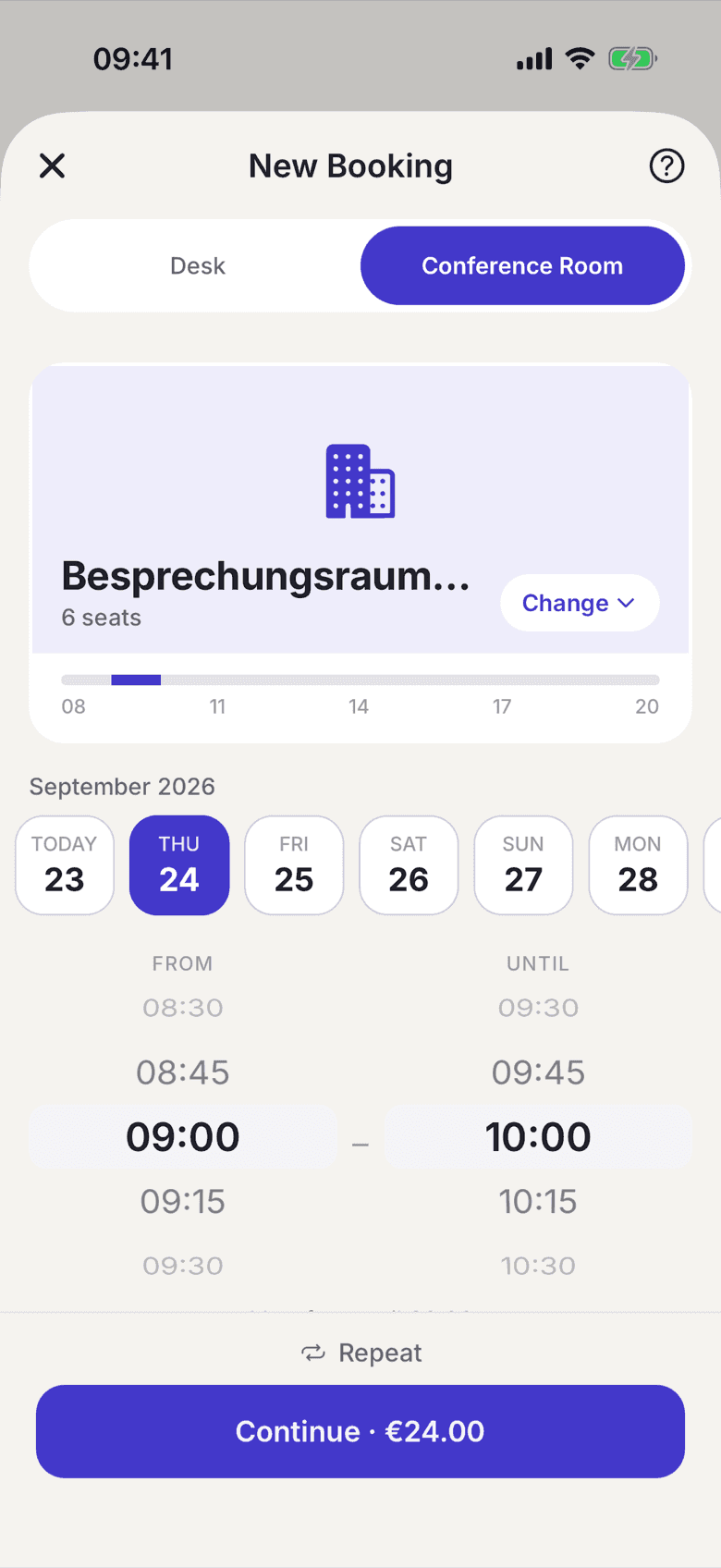 Room booking with the time wheels, the free-until line and the price