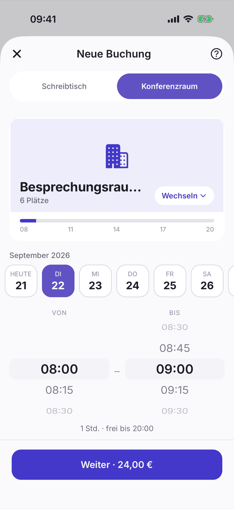Raumbuchung mit den Zeit-Walzen, der Frei-bis-Zeile und dem Preis