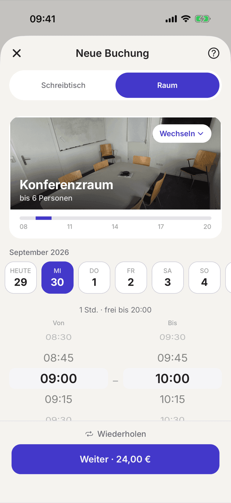 Raumbuchung in der App mit Raumfoto, Datumsleiste, Zeitauswahl, der Zeile „frei bis 20:00“ und dem Preis im Weiter-Knopf