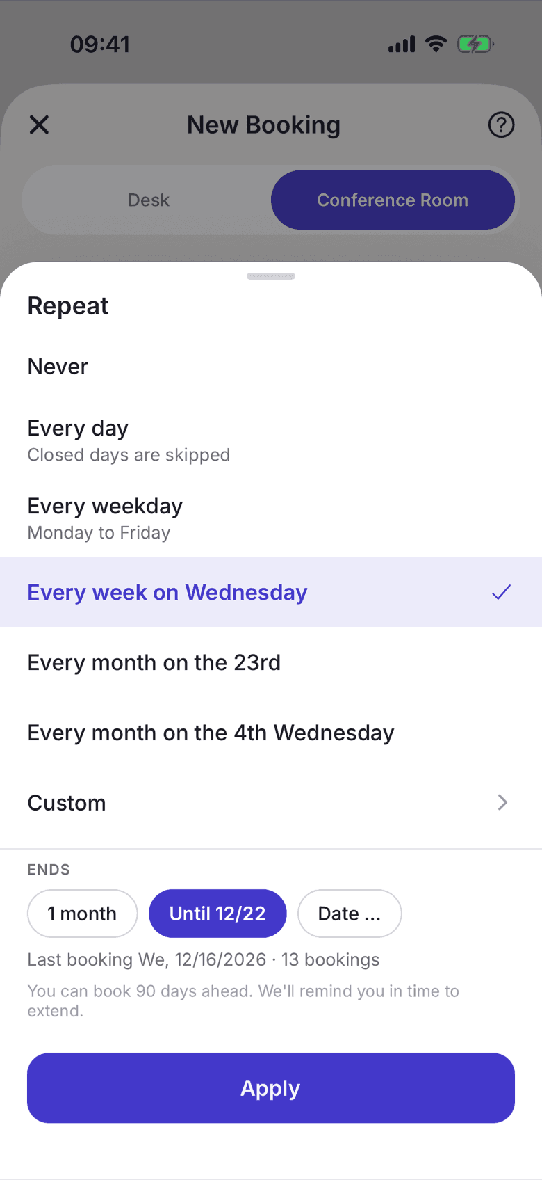Choosing the repetition rule with an end date