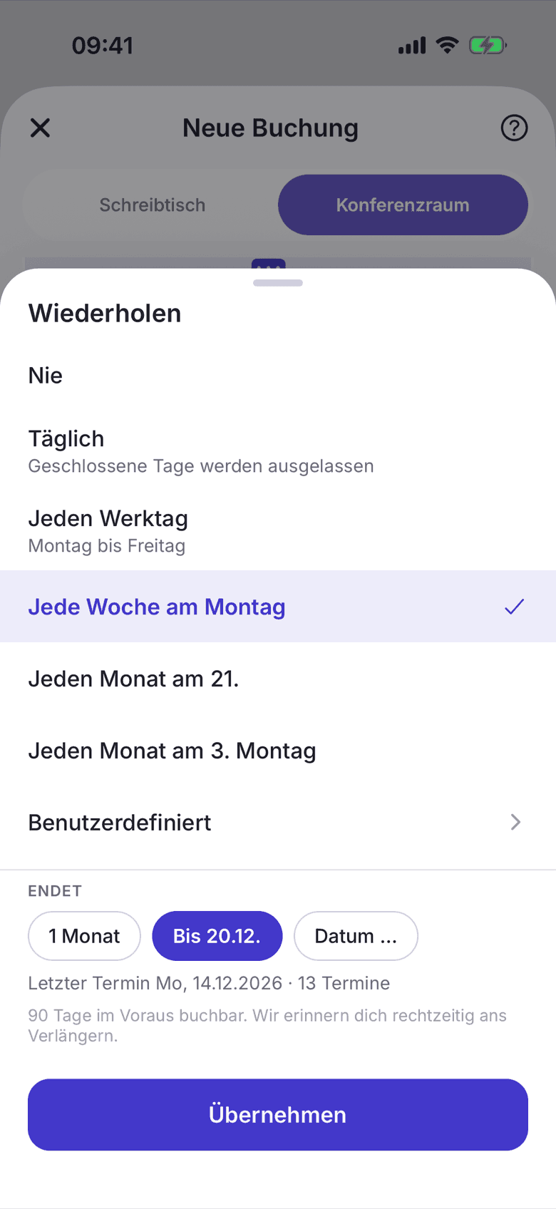 Auswahl der Wiederholungsregel mit Enddatum