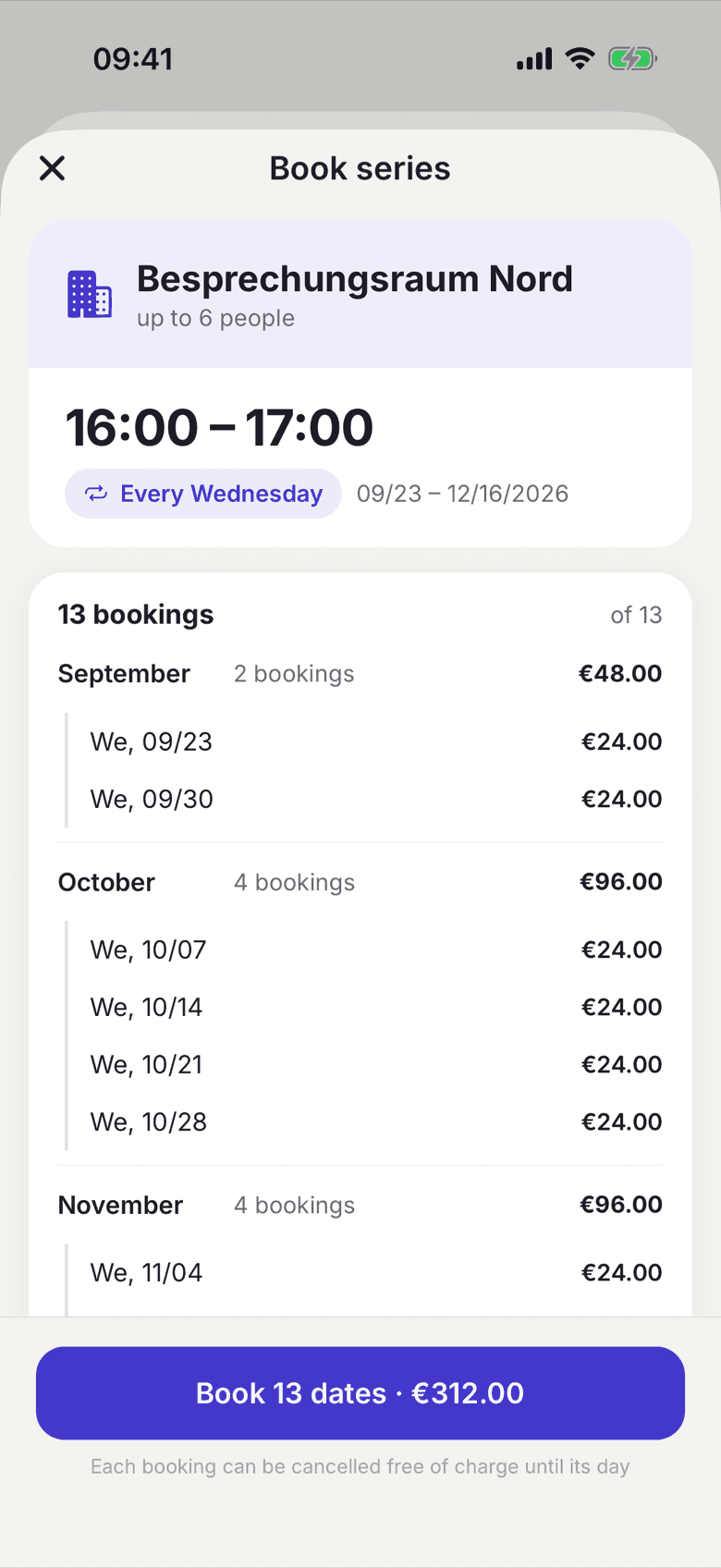 Series confirmation with the list of dates and the cost per month