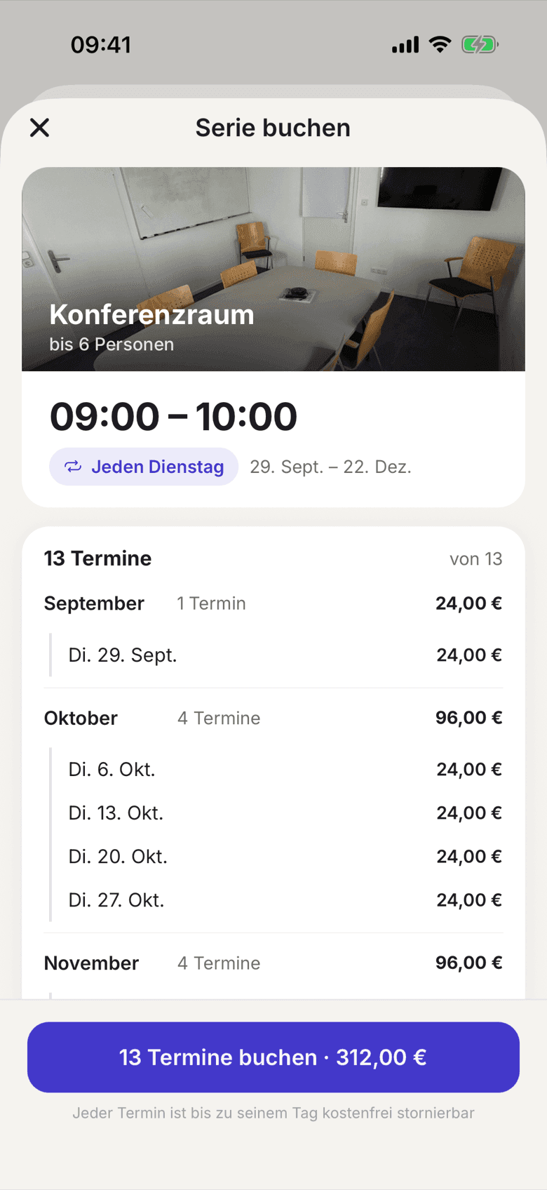 Serie buchen für einen Besprechungsraum jeden Dienstag von 09:00 bis 10:00, 13 Termine mit den Kosten je Monat und 312,00 € im Knopf