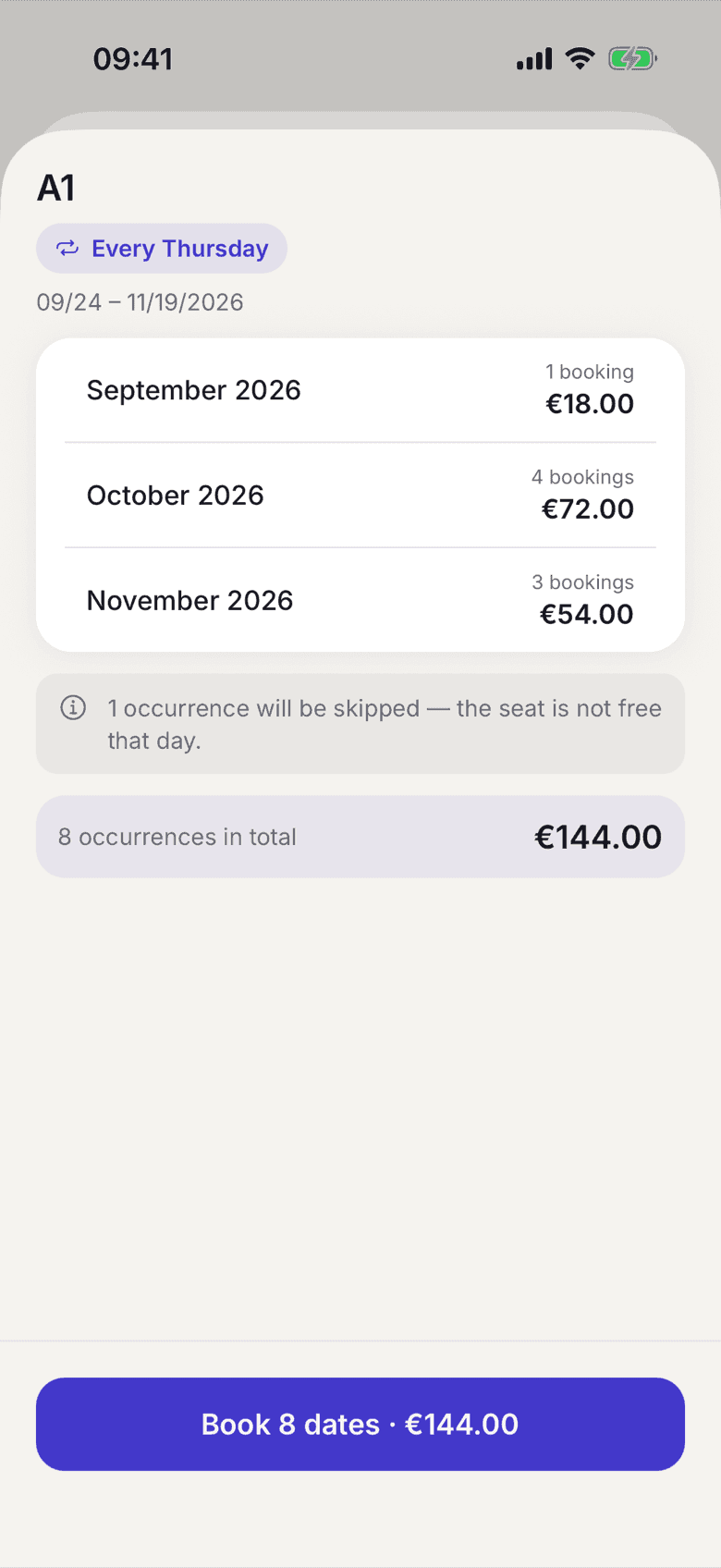 Desk series confirmation with the list of dates and the total