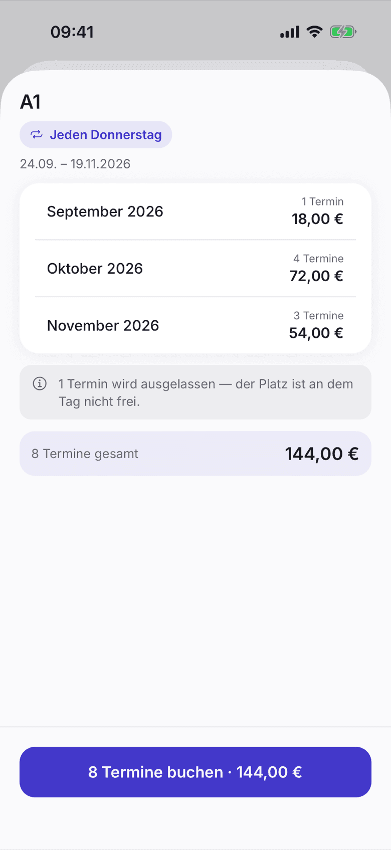Bestätigung einer Tischserie mit Terminliste und Summe