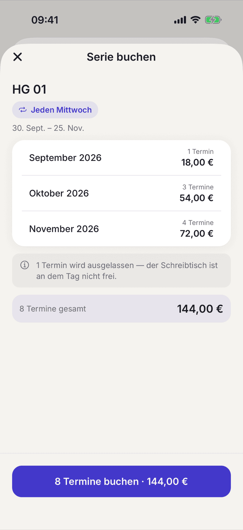 Serie für einen Schreibtisch jeden Mittwoch, mit den Kosten je Monat, einem ausgelassenen Termin und der Summe