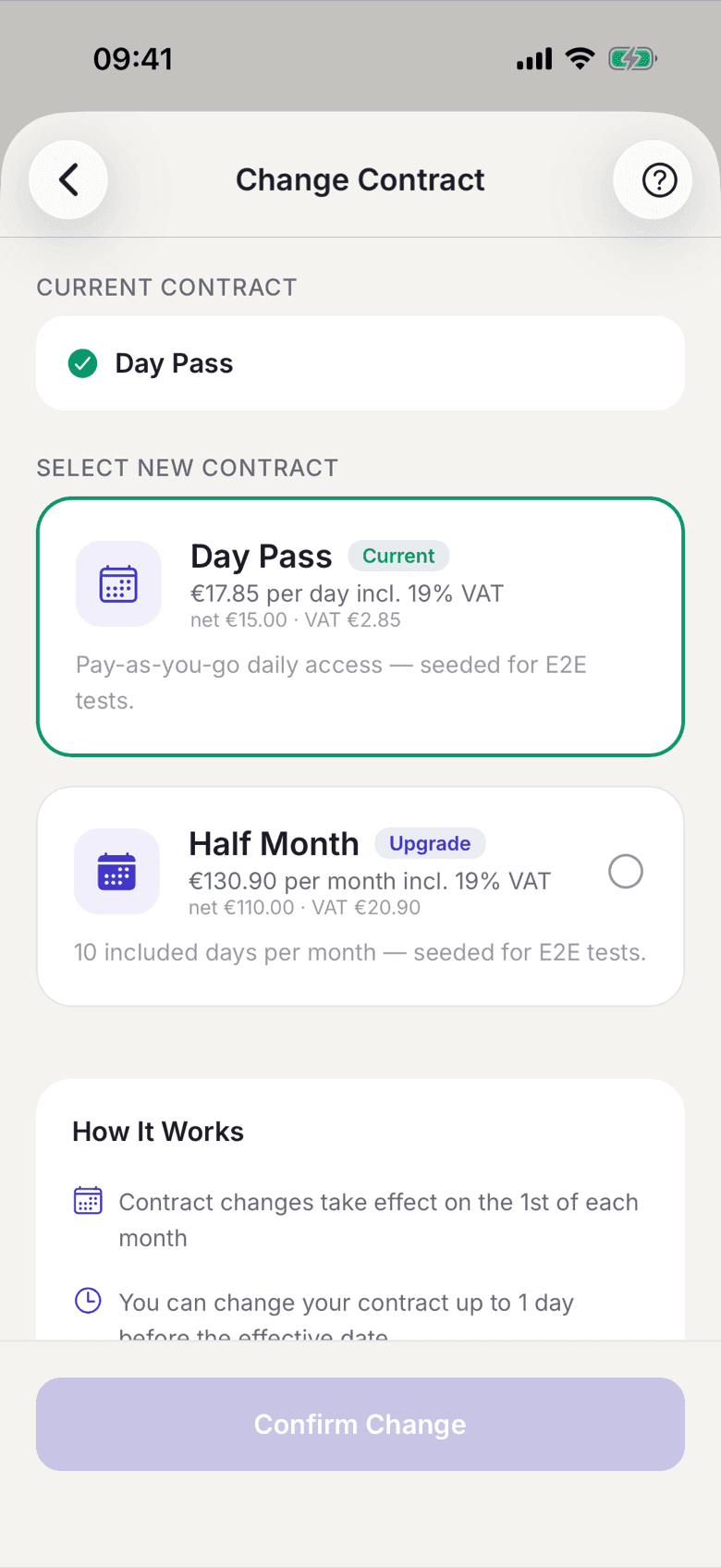 List of selectable plans with the current one marked