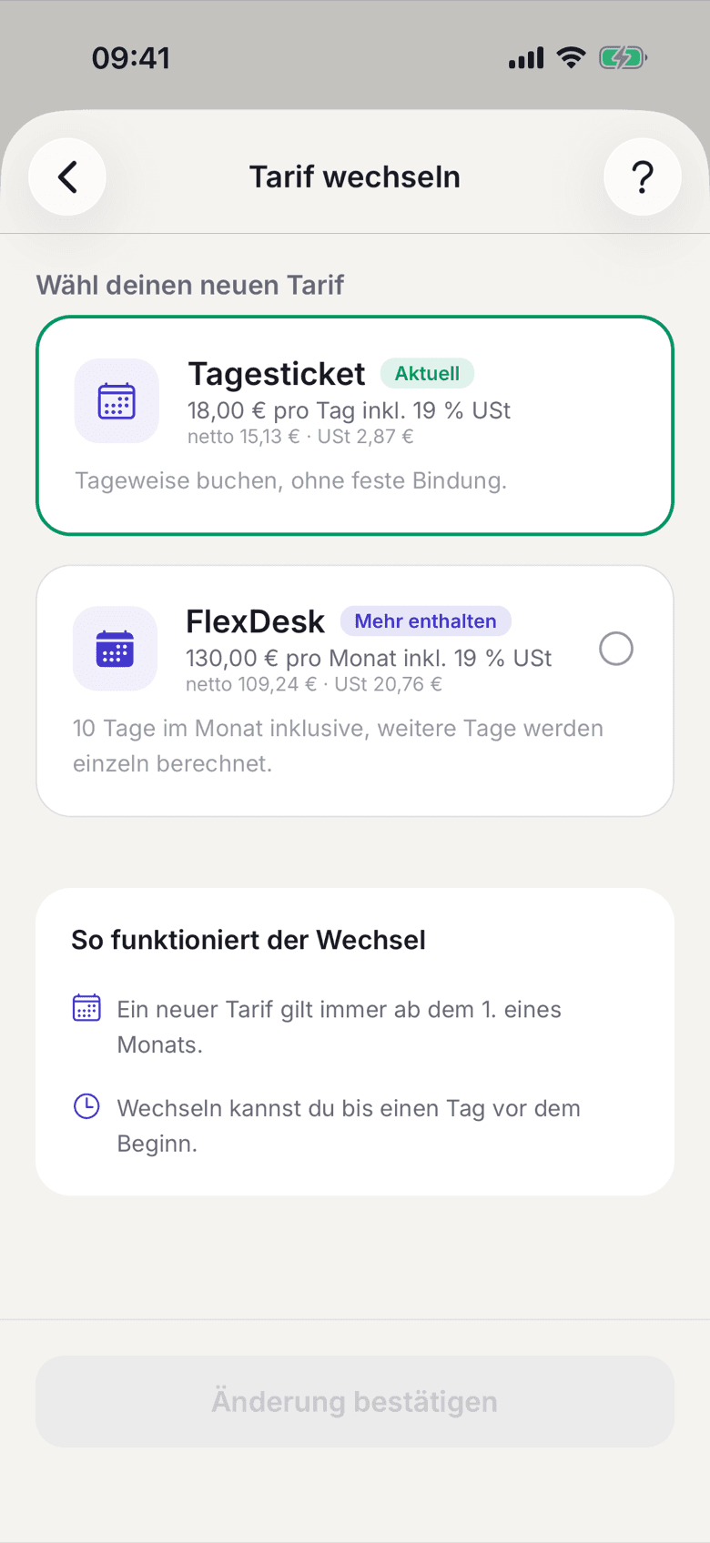Tarif wechseln in der App mit dem jetzigen Tarif und den wählbaren Tarifen