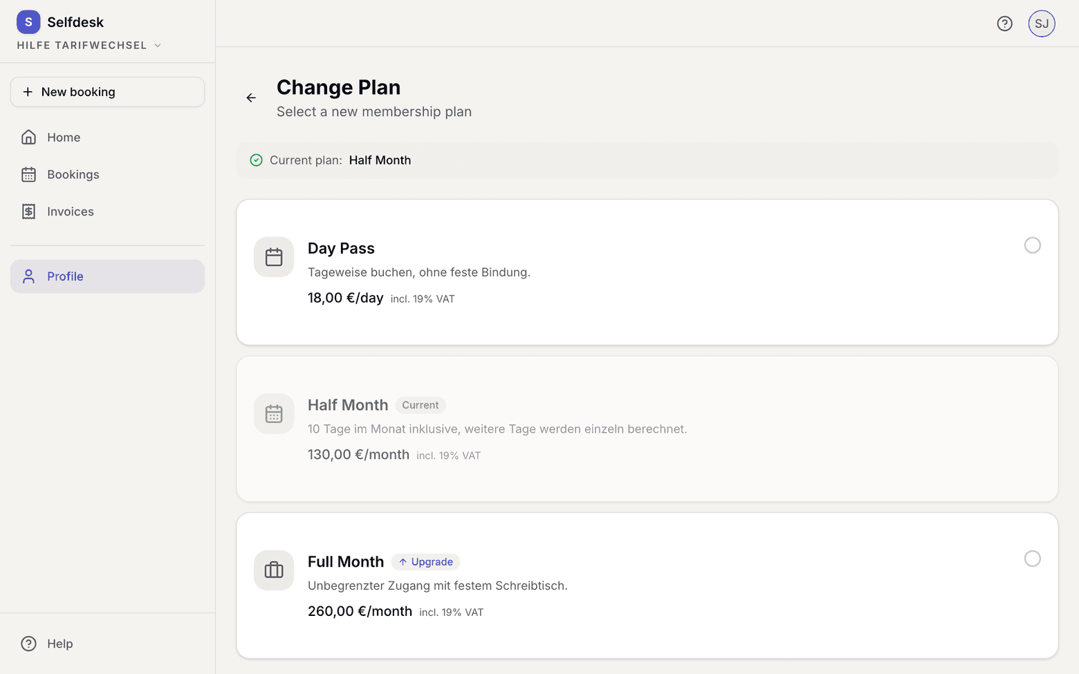 Plan selection in the browser with the date of the change