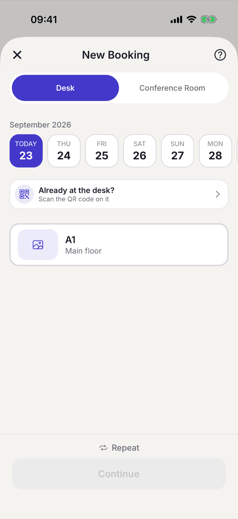 Booking screen with the Desk tab and the list of desks