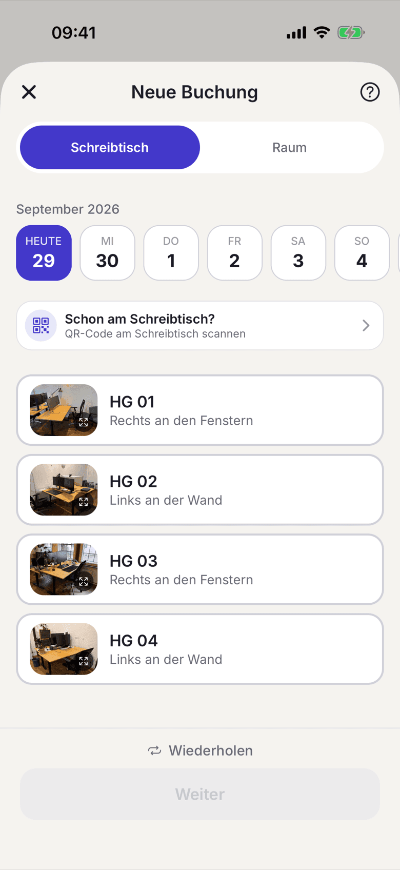 Neue Buchung in der App mit Datumsleiste und Liste der freien Schreibtische