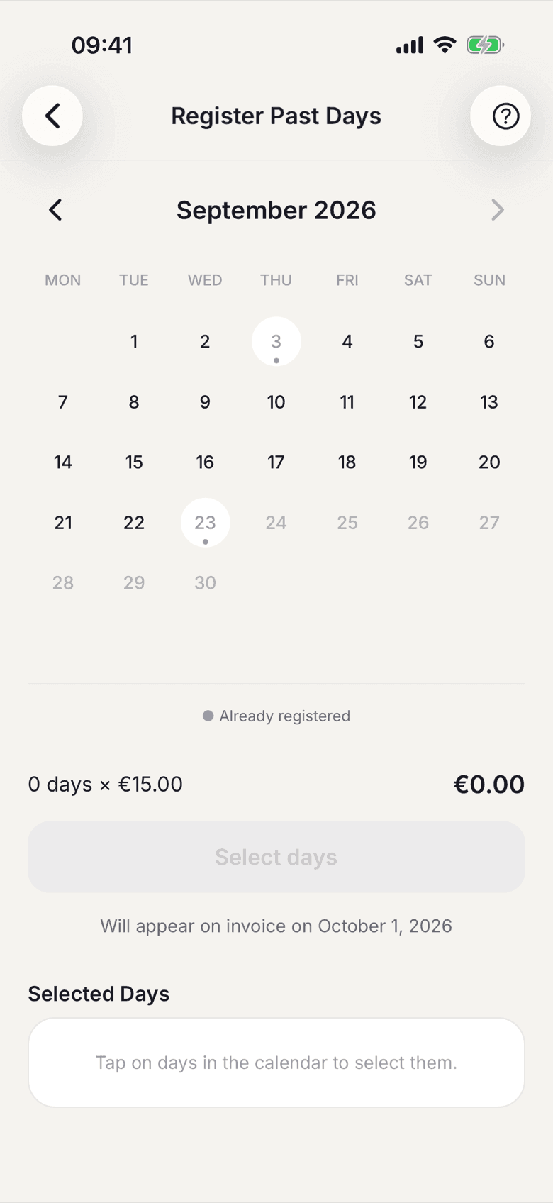 Calendar with selected and already registered days