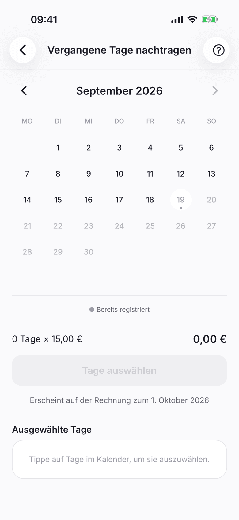Kalender mit ausgewählten und bereits registrierten Tagen