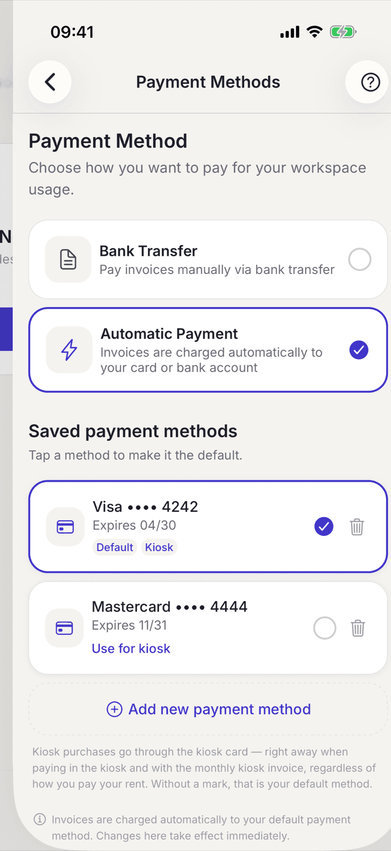 List of stored payment methods with the default badge