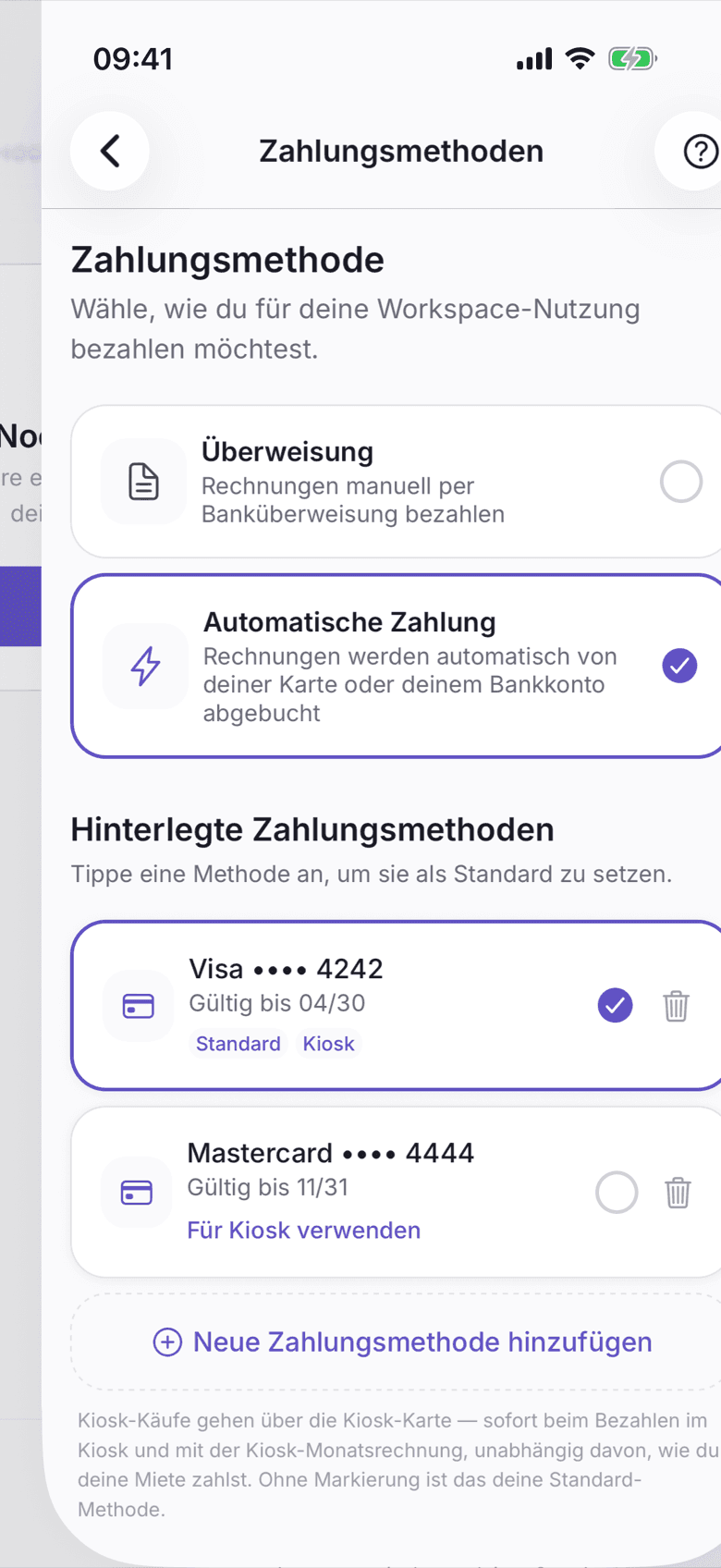 Liste der hinterlegten Zahlungsmethoden mit dem Standard-Abzeichen