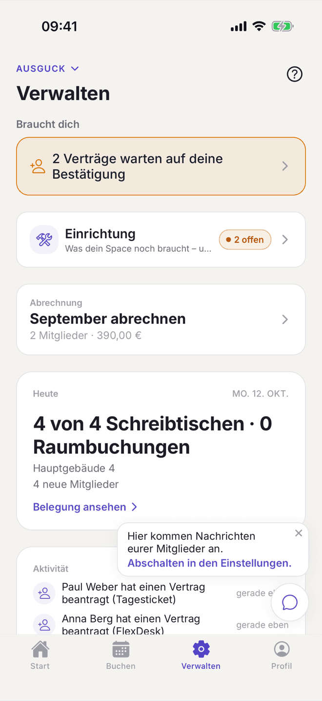 Reiter Verwalten in der App mit zwei wartenden Verträgen, der Einrichtung, dem Monatslauf und der Belegung von heute