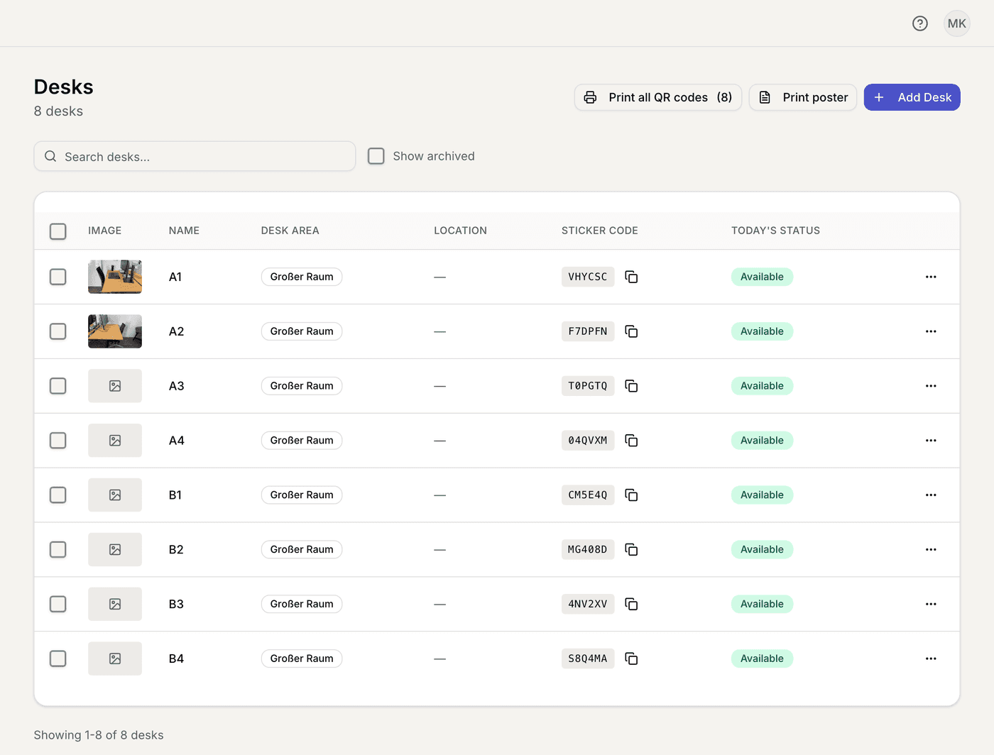 Web dashboard: list of desks with photos and sticker codes