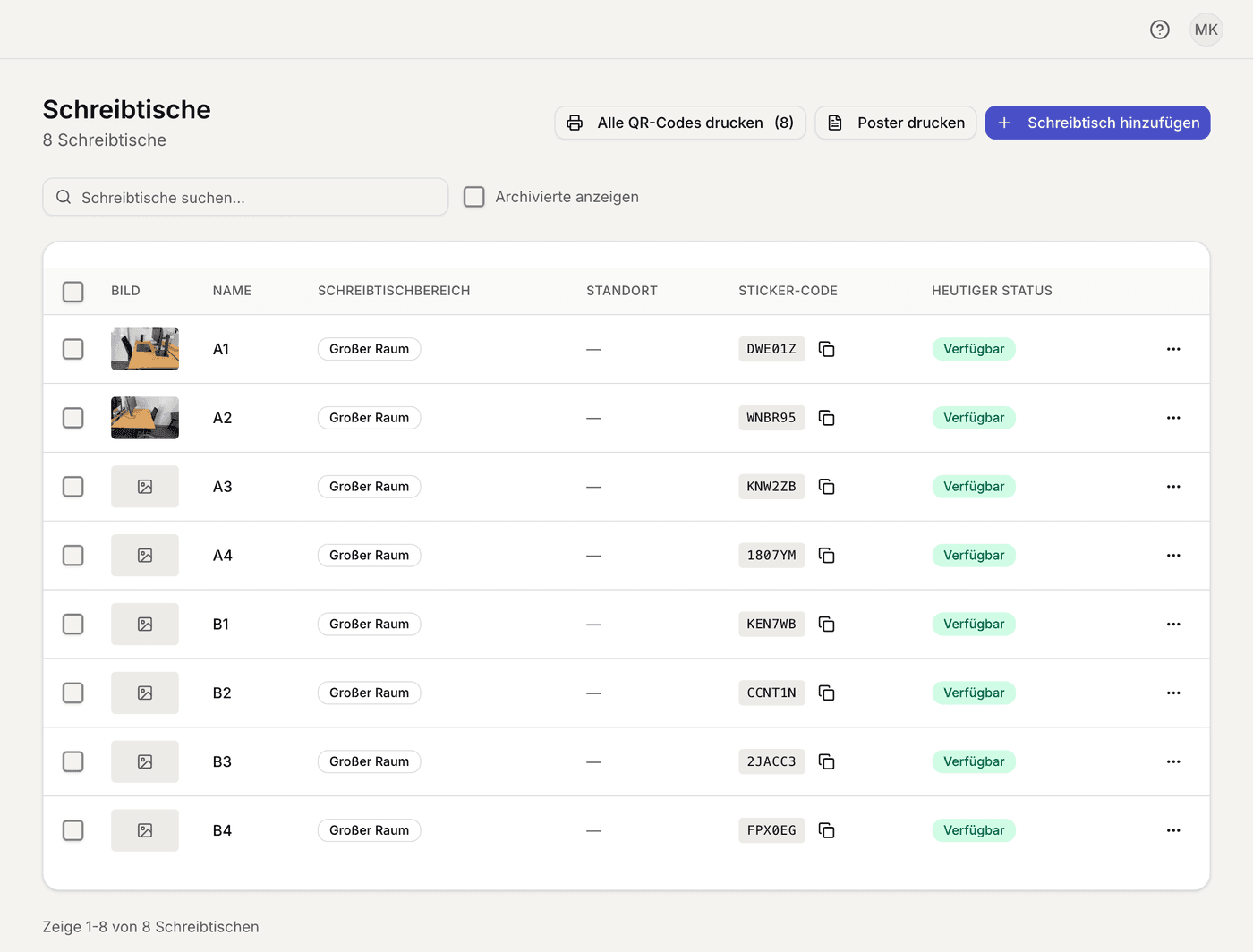 Web-Dashboard: Liste der Schreibtische mit Fotos und Sticker-Codes