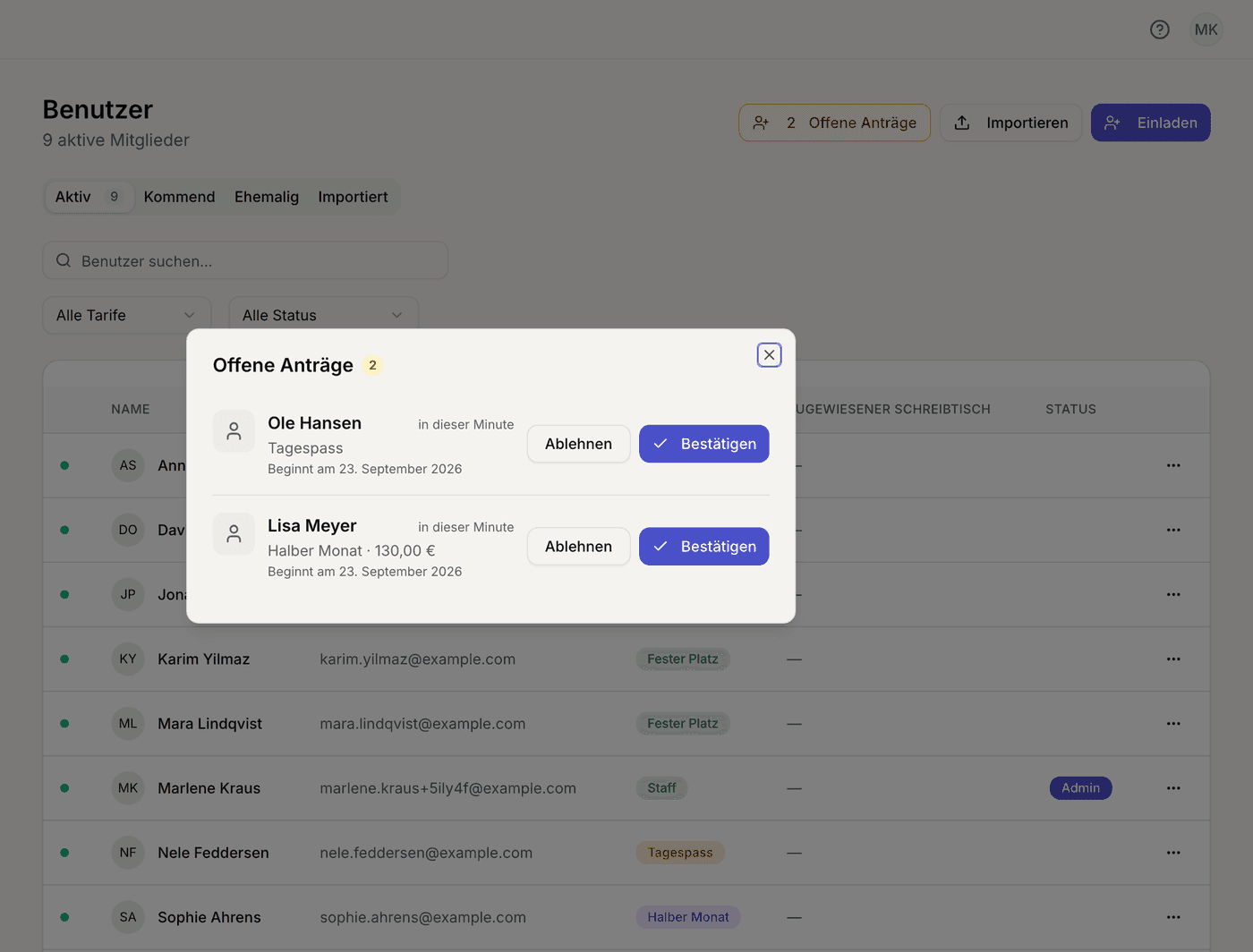 Web-Dashboard: Mitglieder mit offenen Anträgen zum Bestätigen