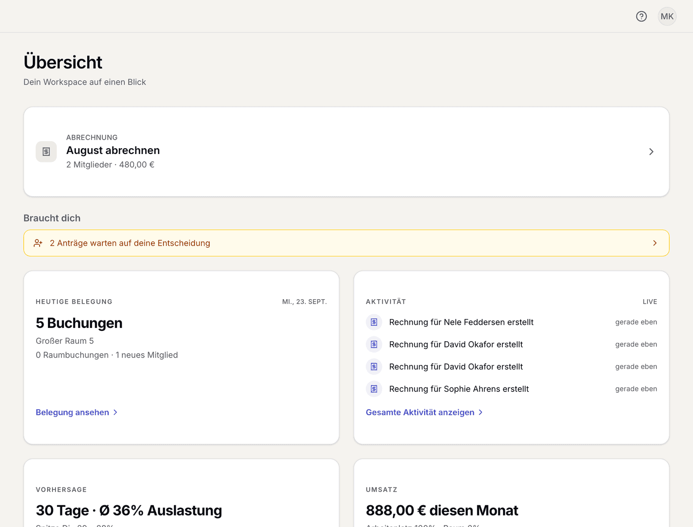 Web-Dashboard: Monat abrechnen, offene Anträge, heutige Belegung, Aktivität und Umsatz