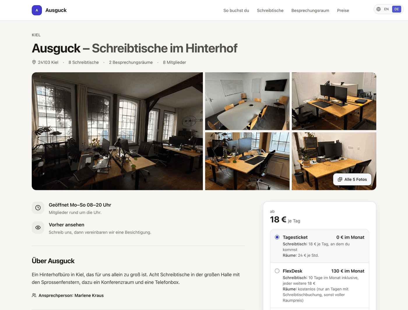 Die Space-Seite des Ausguck mit Fotos, Öffnungszeiten und den Tarifen mit Preis
